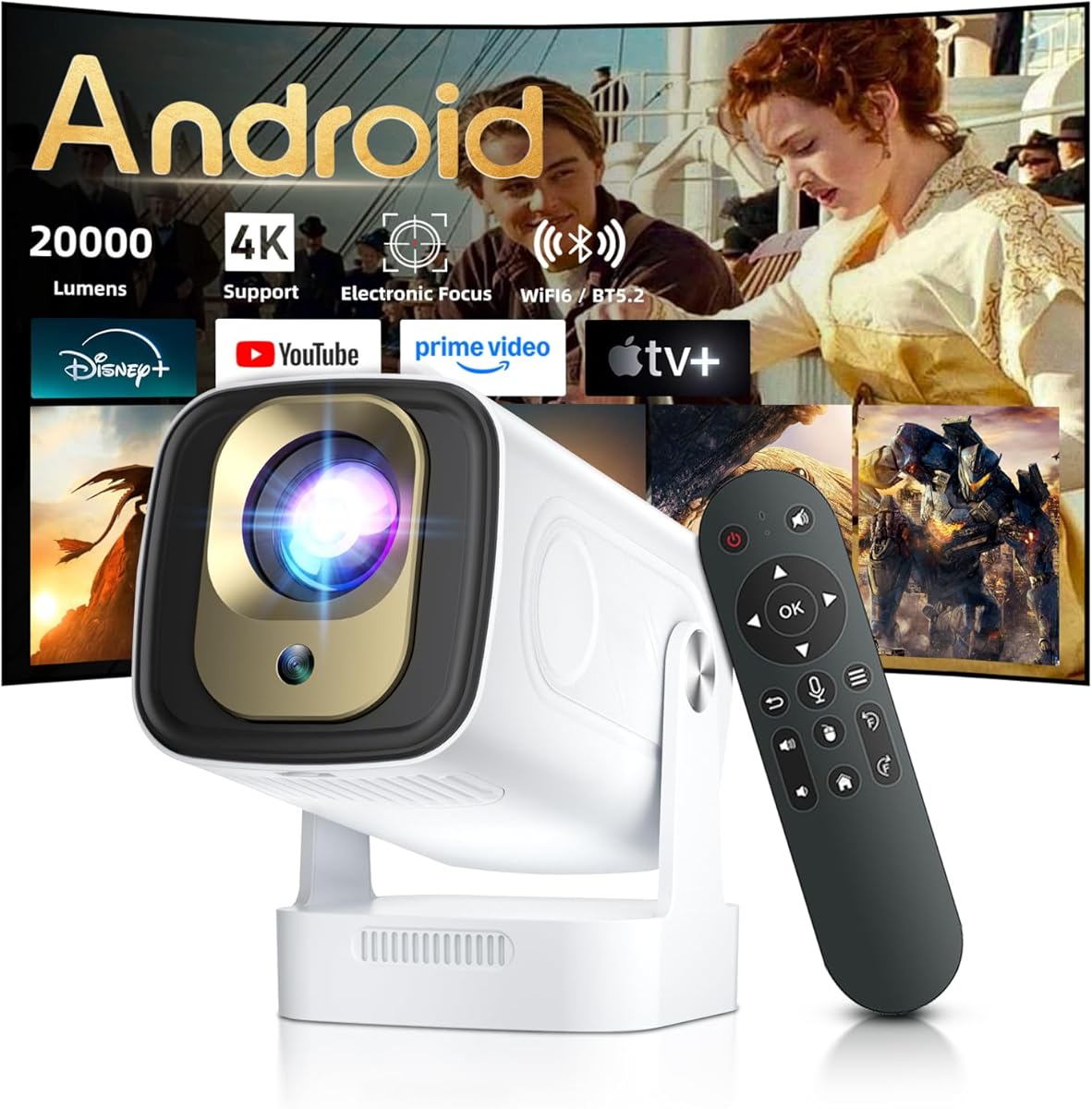 Mini Projector 4K,1080P Full HD,20000LM Brightness,Auto Focus/Keystone,250''Big Screen,Built-in apps,5G WiFi 6 Bluetooth 5.4,Short Throw Portable Projector for Bedroom/Outdoor/Phone