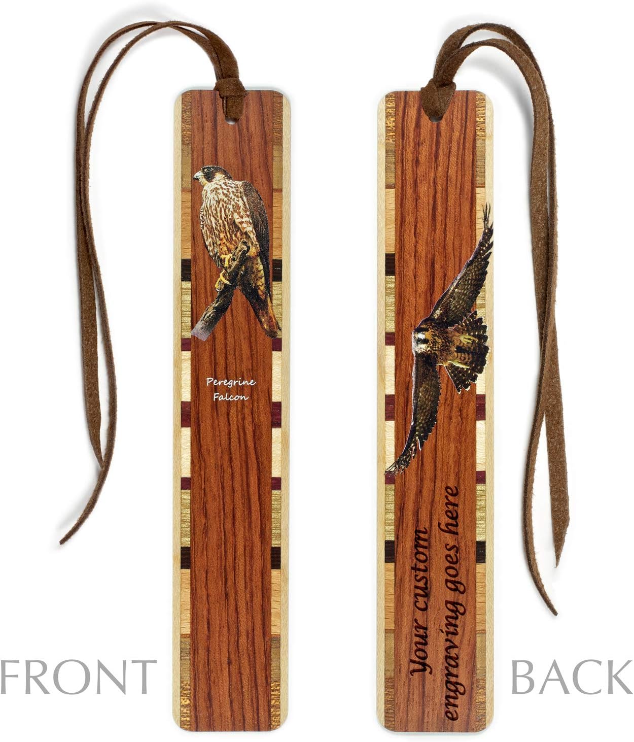 Personalized Peregrine Falcon Wooden Bookmark – Double-Sided Design with Suede Tassel Made in USA - Also Available Without Personalization