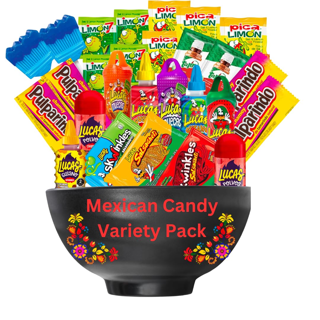 Lucas Mexican Candy Mix (27 Count) - Variety of Sour, Sweet, Spicy Treats - Includes Lucas Skwinkles, Pulparindo, Tajin, Limon, Lollipops, Lucas Muecas, Baby Lucas, Gusano, Salsagheti by Happy Little Heart