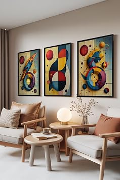 Zestia Siyah Çerçeveli 3’lü Tablo Seti Soyut Geometrik Renkler – Retro Stil Oturma Odası Set 30005, 10 x 15