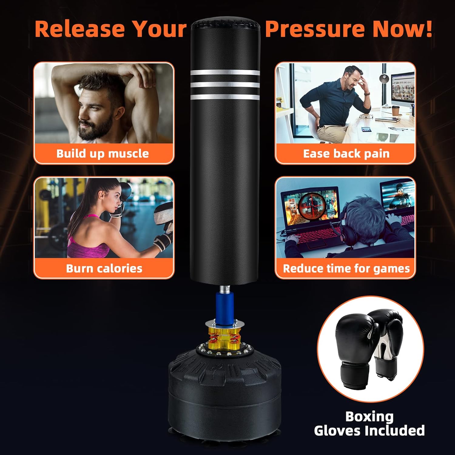 LDAILY 70" Freestanding Punching Bag, 220LBS Heavy Boxing Bag w/Boxing Gloves, 12 Suction Cups, Dual Shock Absorbers, PU Leather Training Bag, Stand Kickboxing Bag for Home Office Gym