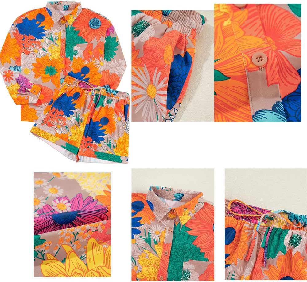 Molilove Women's Summer 2 Piece Outfits Print Button Down Shirt Shorts Pockets Long Sleeve Beach Vacation Going Out Outfits - Image 2