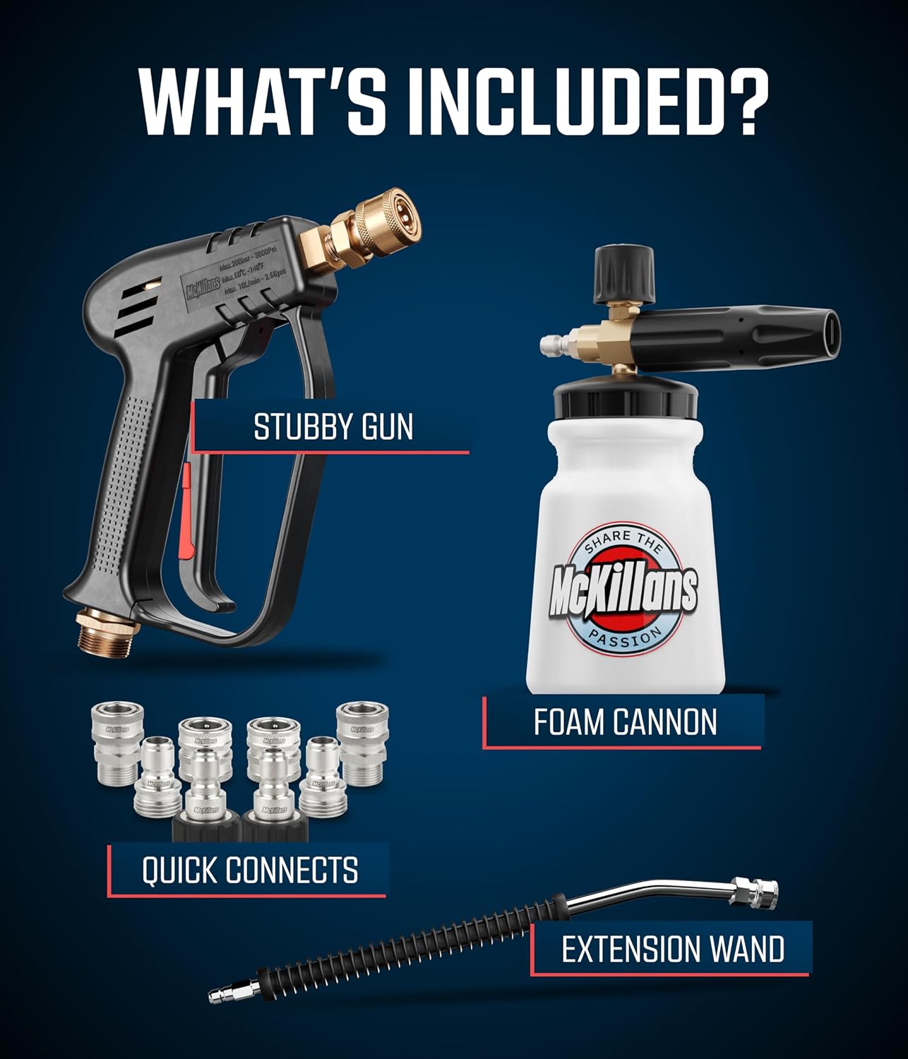McKillans® Short Pressure Washer Gun Upgrade Kit: Stubby Gun + Rinsing Wand + Wide Mouth Foam Cannon + Stainless Quick Connect Kit (M22-14mm)