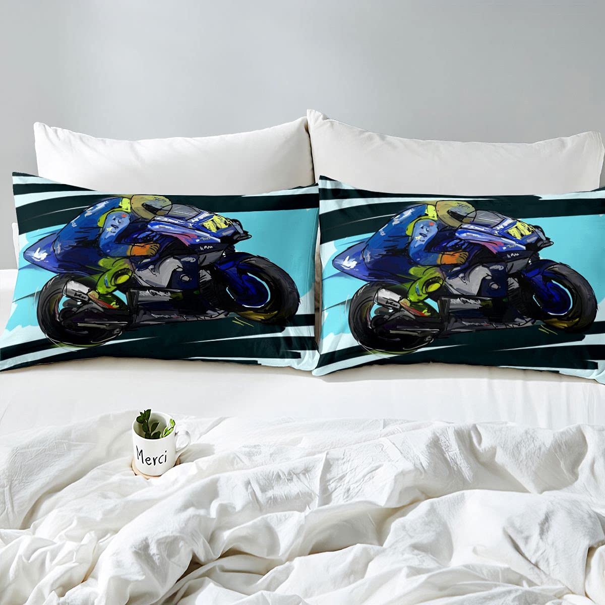 Loussiesd Juego de ropa de cama para niñas y niños, deportes extremos, ropa de cama y ropa de cama de motocross, ilustración de motocross, funda de edredón pintada al óleo, Super King, 3 piezas