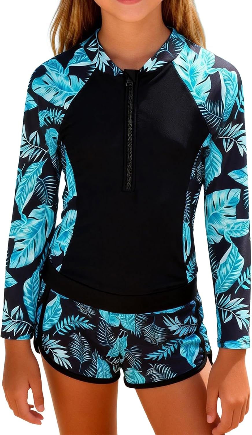 IBTOM CASTLE Girls Rash Guard Long Sleeve Swimsuits Set 2 Piece Kids Bathing Suit UV Protection Swim Top+Shorts for 7-14Y