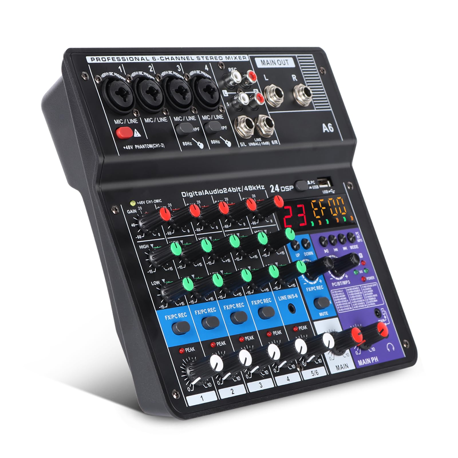 XTUGA A6 Table de Mixage Mixeur Audio 6 Canaux, Console de Mixage USB Avec Bluetooth et Alimentation Fantôme 48V, Fonction de Bouclage, Adapté Aux Spectacles, Réunions et Diffusions en Direct