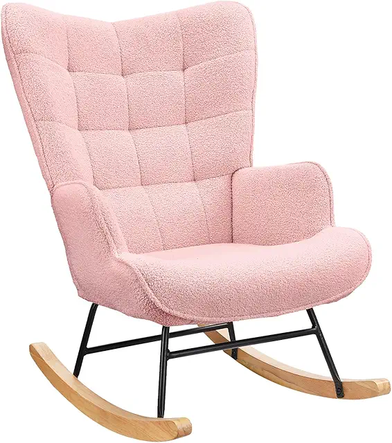 Fauteuil à Bascule Rose - Chaise d'Allaitement Confortable avec Structure Métal et Bois