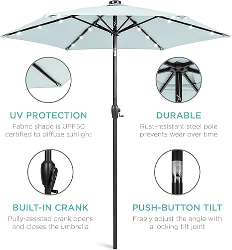 Vista 580 de Best Choice Products - Sombrilla solar de 7.5 pies para exteriores, patio, mesa, mercado, terraza, piscina con inclinación, manivela, luces LED