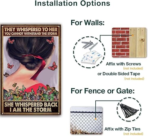 Vista 10 de xitangyouyu Letrero de hojalata con texto en inglés "They Whispered to Her You Cannot Withstand The Storm I Am She Back" de metal retro para Soy
