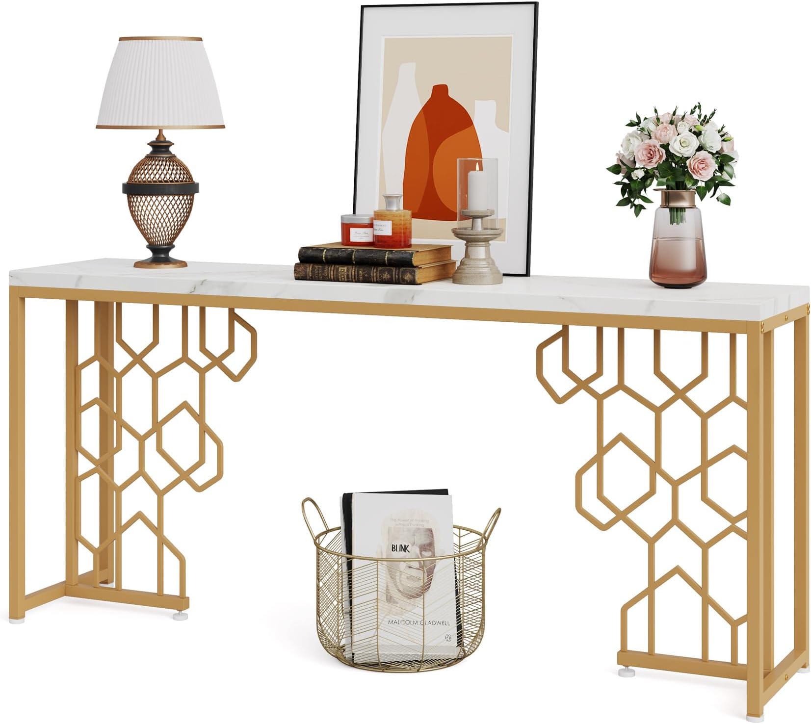LITTLE TREE Modern Console Table, 70.87" Entryway Table for Living Room, Hallway, Entrance, Front Door, Foyer Sofa Table with Geometric Gold Frame & Faux Marble White Tabletop