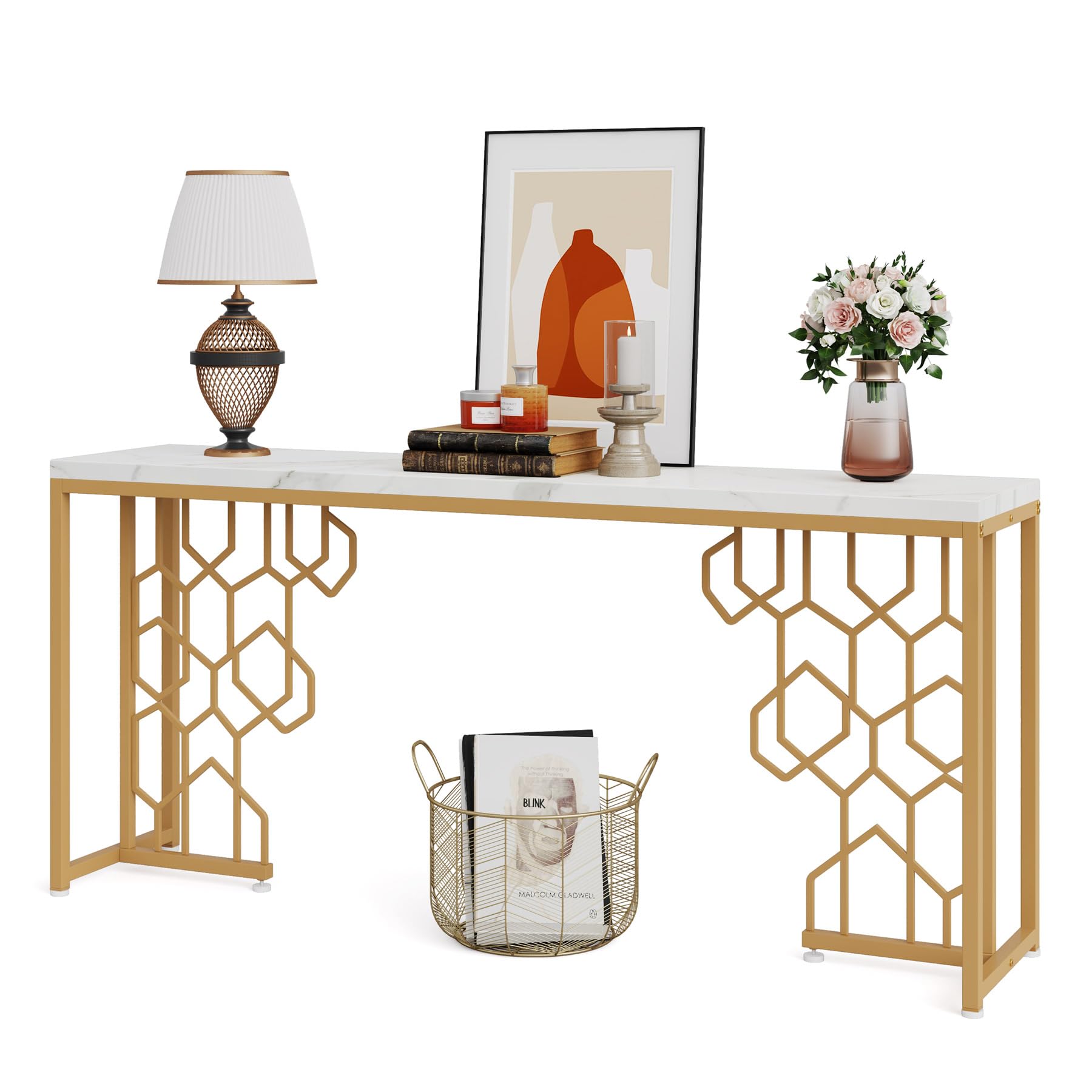 LITTLE TREE Modern Console Table, 70.87" Entryway Table for Living Room, Hallway, Entrance, Front Door, Foyer Sofa Table with Geometric Gold Frame & Faux Marble White Tabletop