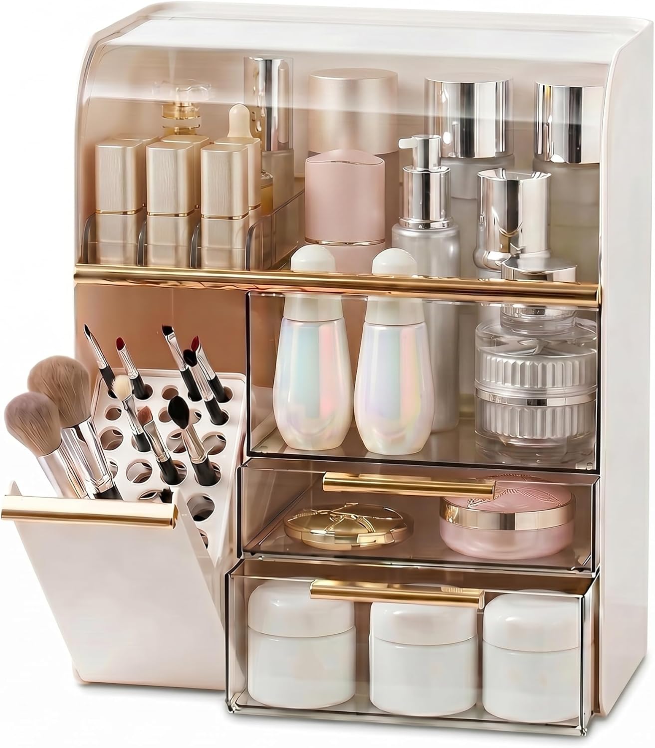 Large Cosmetic Display Case with Brush Holder,Holds 40+ Skincare & Beauty Essentials,6 Compartments & 2Drawers,Acrylic Makeup Dustproof Transparent Design