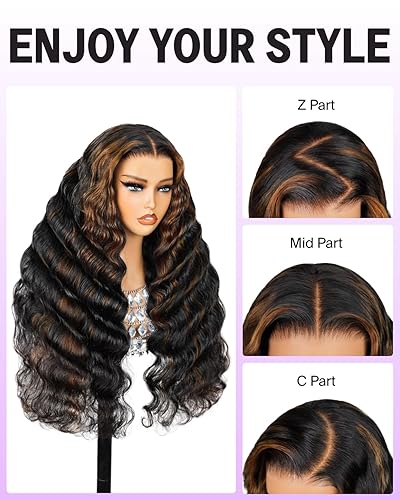 Miniatura 6 de MEGALOOK Peluca de cabello humano con encaje frontal #FB27 con reflejos degradados, pelucas de encaje frontal para mujeres negras, cabello humano de