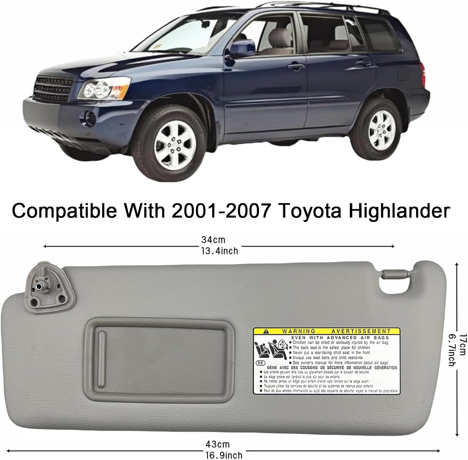 Pair of Left and Right Sun Visors with Screws and Clips Compatible with 2001 2002 2003 2004 2005 2006 2007 Toyota Highlander OEM Replace# 74320-48260-A0 (Gray Color)