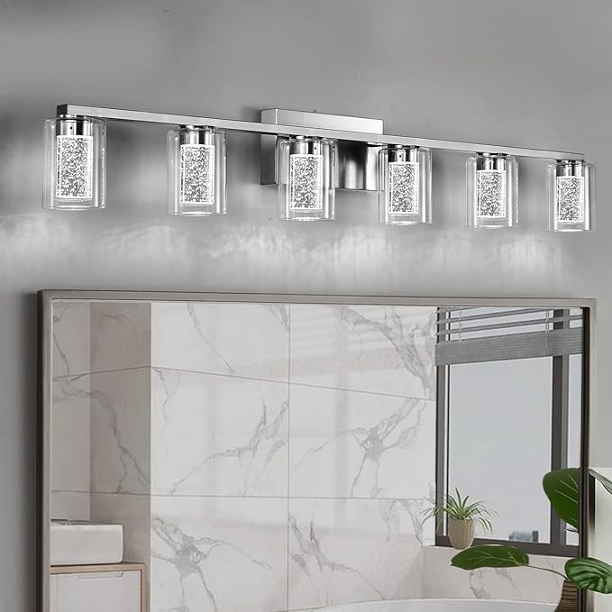 SADENICEL 6 Light Brushed Nickel Bathroom Light Fixtures, LED Vanity Lights Crystal White ...