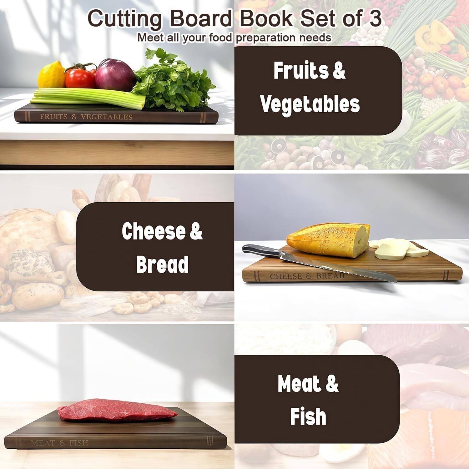 Book Cutting Board Set of 3 with Stand, Book Shaped Cutting Boards, Cutting Board Book Set for Meat Fruit Veggie, Decorative Cutting Board Books for Kitchen