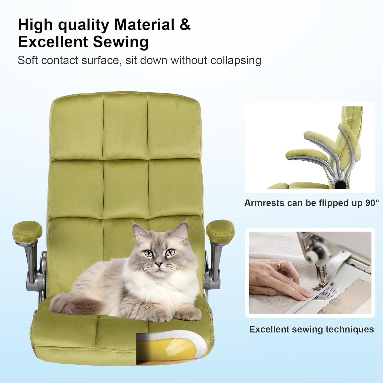 Comfy Green Office Chair with Flip up Arms for Women, Height Adjustable Fabric Swivel Rocking Chair, Velvet Office Desk Chairs Makeup Vanity Chair with Back and Wheels