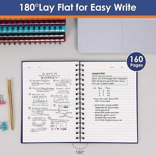 Miniatura 3 de LABUK 8 cuadernos en espiral de tapa dura, diarios en espiral A5, 160 páginas, papel grueso con rayas universitarias para trabajo, escuela y