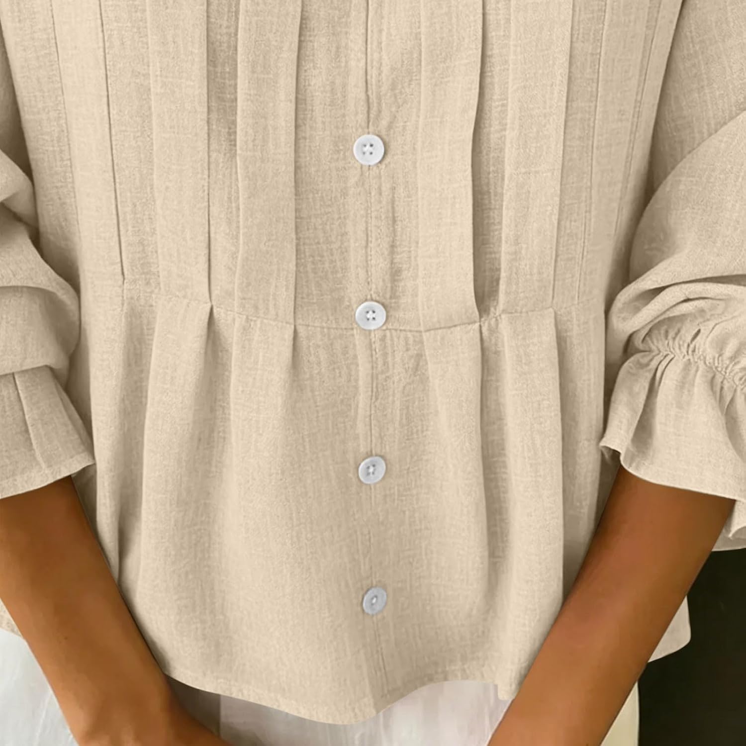 Women's Cotton Linen Shirts Fashion Pleated Button V-Neck Puff Long Sleeve Baggy Comfy Casual T-Shirts Blouse Tops