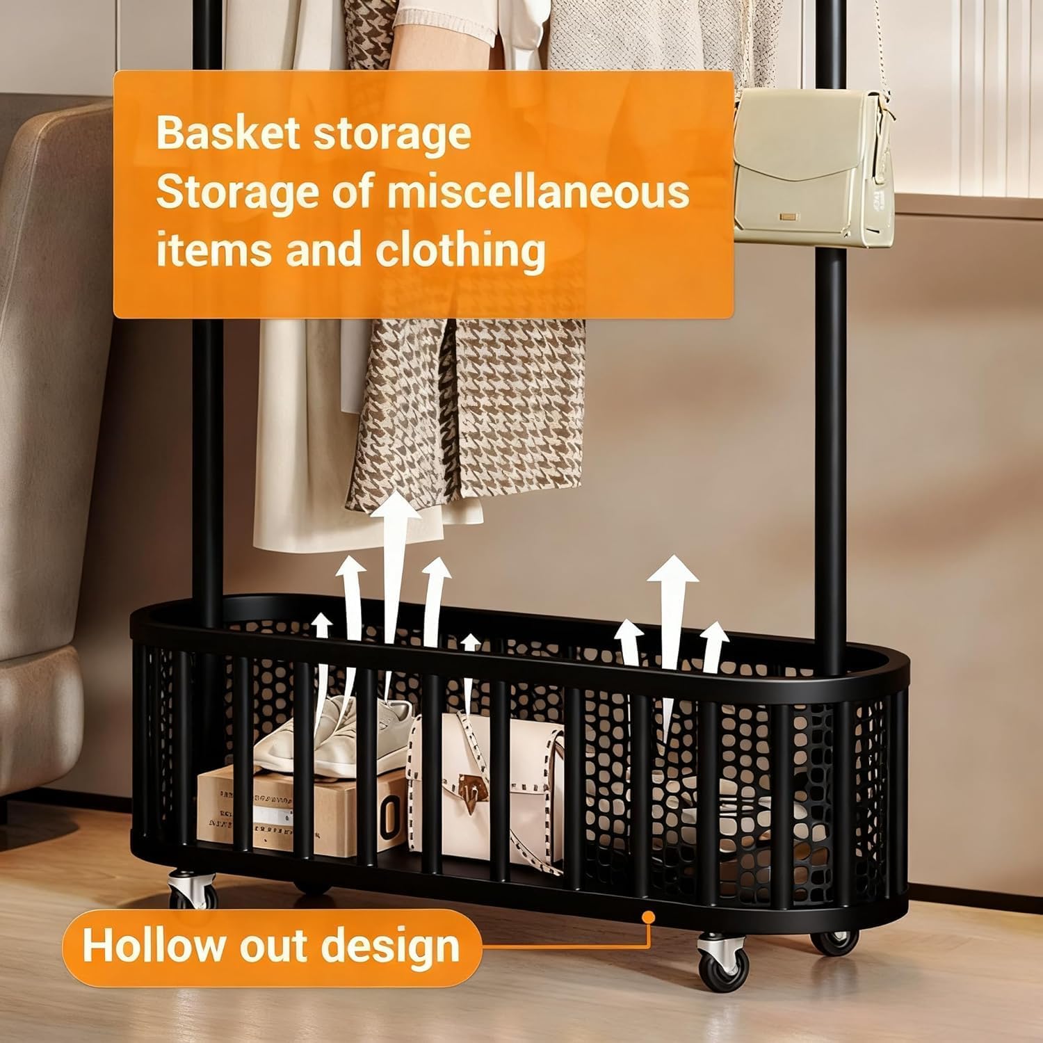 Rolling Clothes Rack with Pegboard Organizer,Freestanding Coat Rack Tree with 360° Lockable, Metal Garment Rack for Bedroom Living Room Entryway -Multi-Functional Use