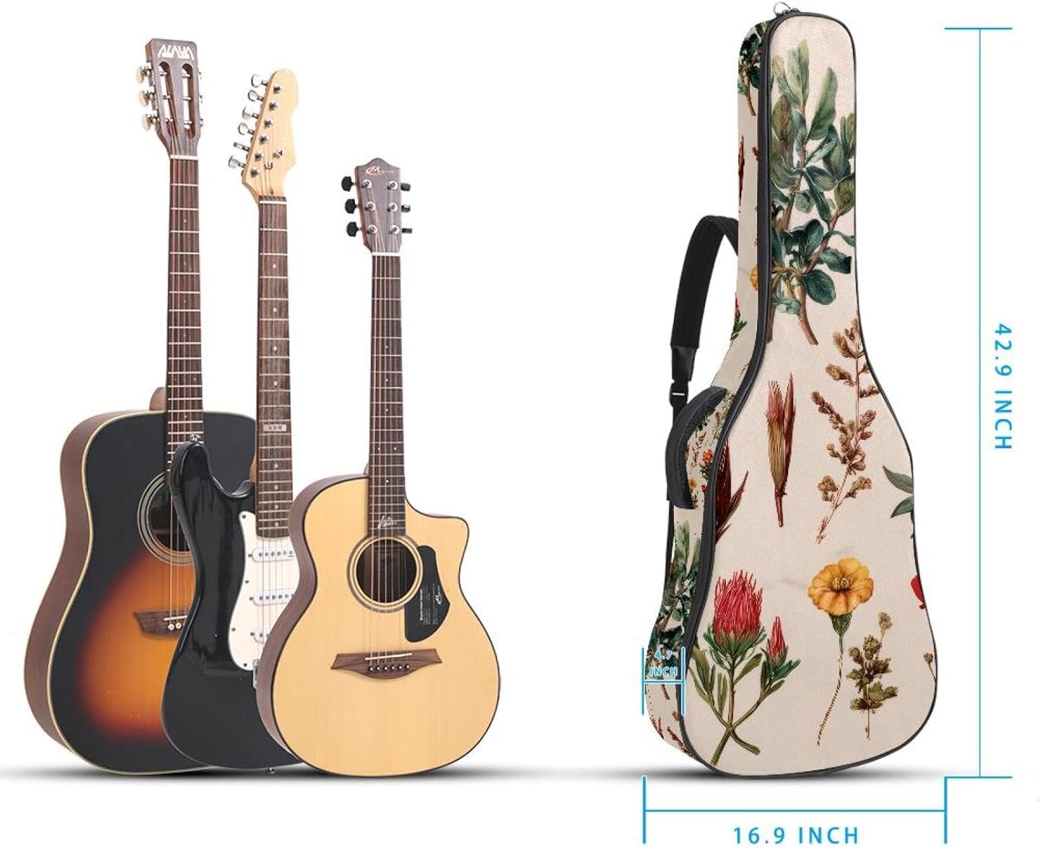 Various Wildflowers and Plants Vintage Style Acoustic Guitar Gig Bag, 1 cm Thick Padding Waterproof Guitar Bag Backpack for 40 41 42 Inch Electric Bass Classical Guitars