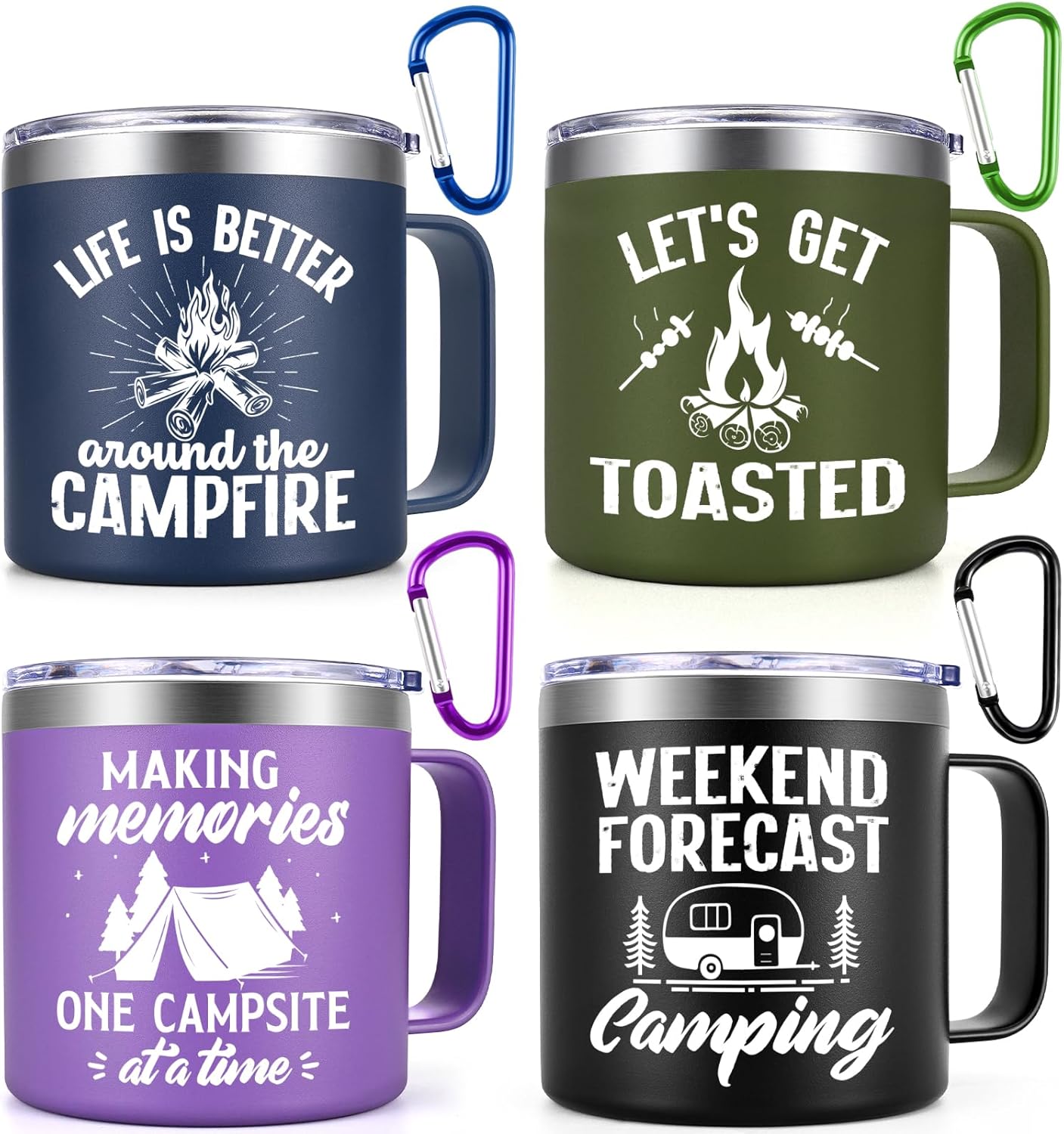 Qtencas Camping Gifts for Men Women, 4Pcs Camping Coffee Mugs, 14oz Insulated Stainless Steel Mug, Happy Campers Campfire Gifts for Outdoors Camping Picnic, Birthday Christmas Gifts for Family Friends