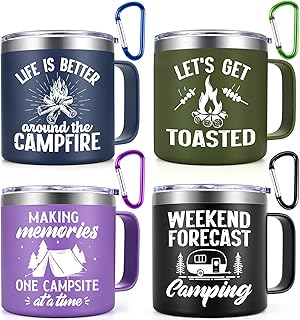 Qtencas Camping Gifts for Men Women, 4Pcs Camping Coffee Mugs, 14oz Insulated Stainless Steel Mug, Happy Campers Campfire Gifts for Outdoors Camping Picnic, Birthday Christmas Gifts for Family Friends