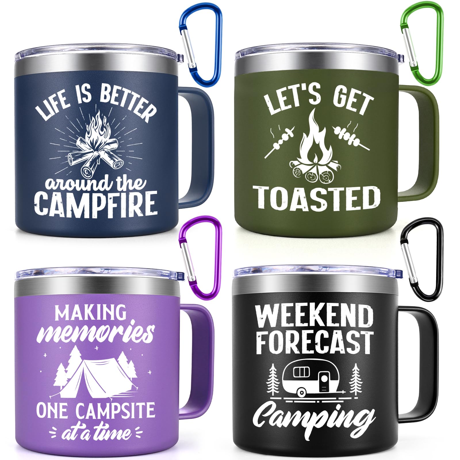 QtencasCamping Gifts for Men Women, 4Pcs Camping Coffee Mugs, 14oz Insulated Stainless Steel Mug, Happy Campers Campfire Gifts for Outdoors Camping Picnic, Birthday Christmas Gifts for Family Friends