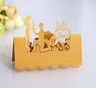 SYSUII 100 unidades de tarjetas de lugar de papel perlado en blanco, tarjetas de nombre, corte láser, para bodas, fiestas dedicadas y más, color amarillo
