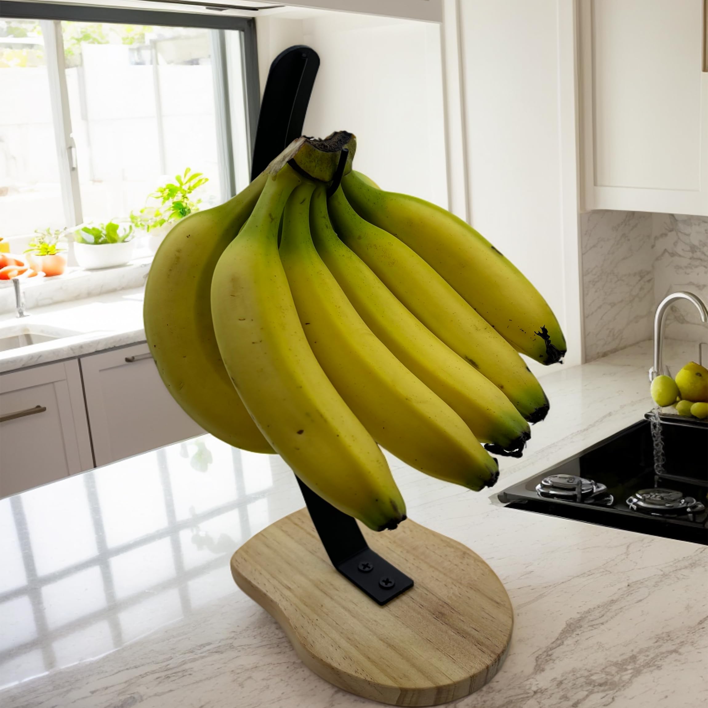 BetLight Cintre à bananes solide - Base en bois avec crochet en métal - Présentoir moderne pour comptoir de cuisine