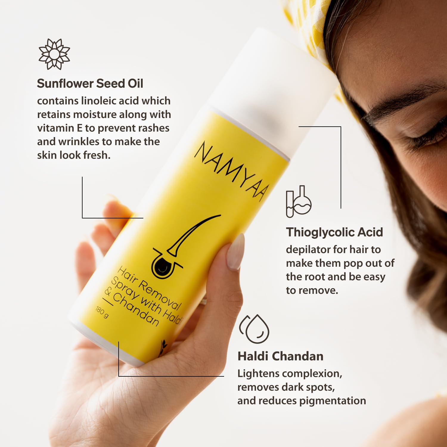 Namyaa Haldi Chandan Hair Removal Cream Spray | Painless Body Hair Removal Spray (180 ml) 2