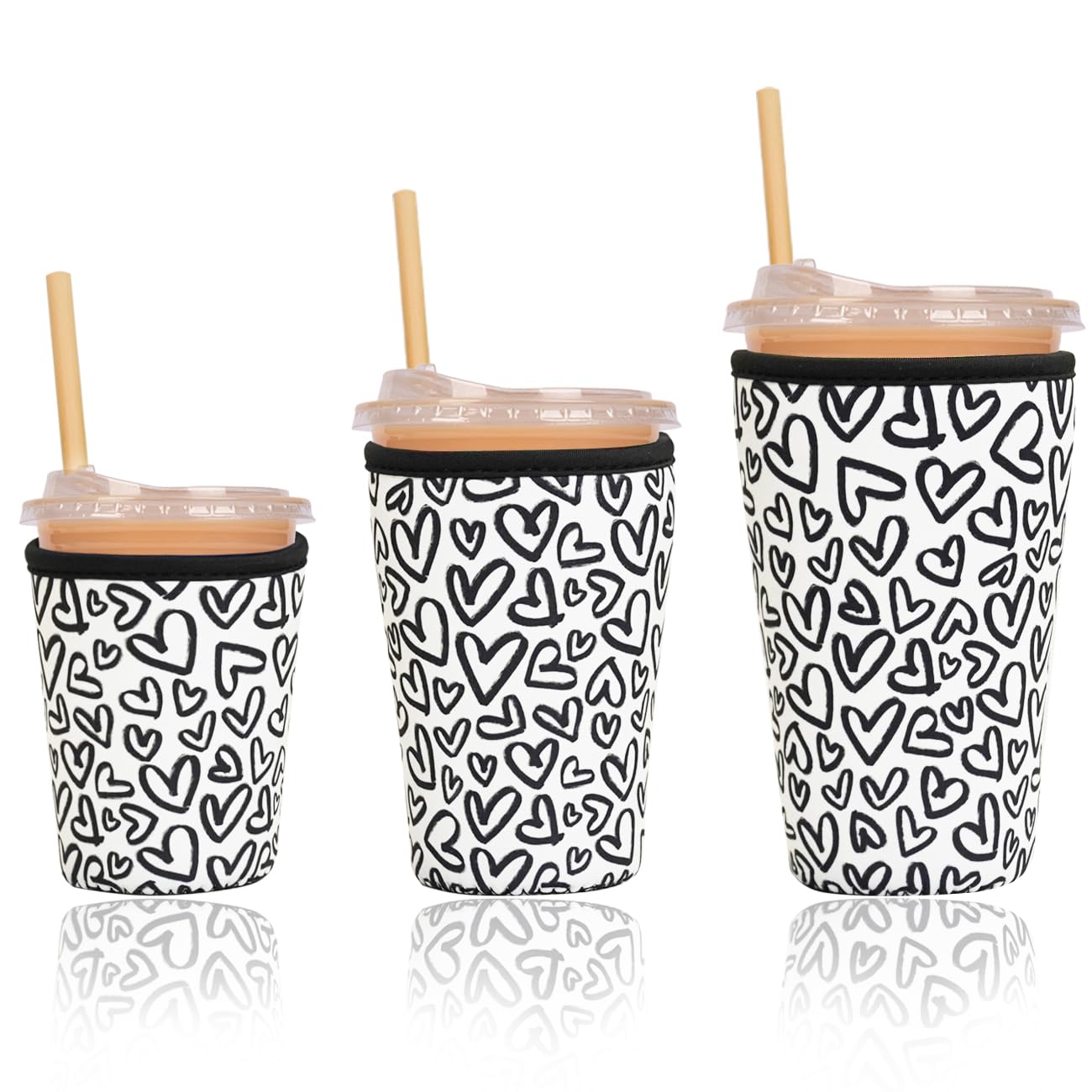 Reusable Insulated Sleeve for Iced Coffee Cup, 3-Pack Coffee Neoprene Drink Sleeve for Cold &amp; Hot Drinks, Beverage Holder for Iced Coffee (Ink Hearts)