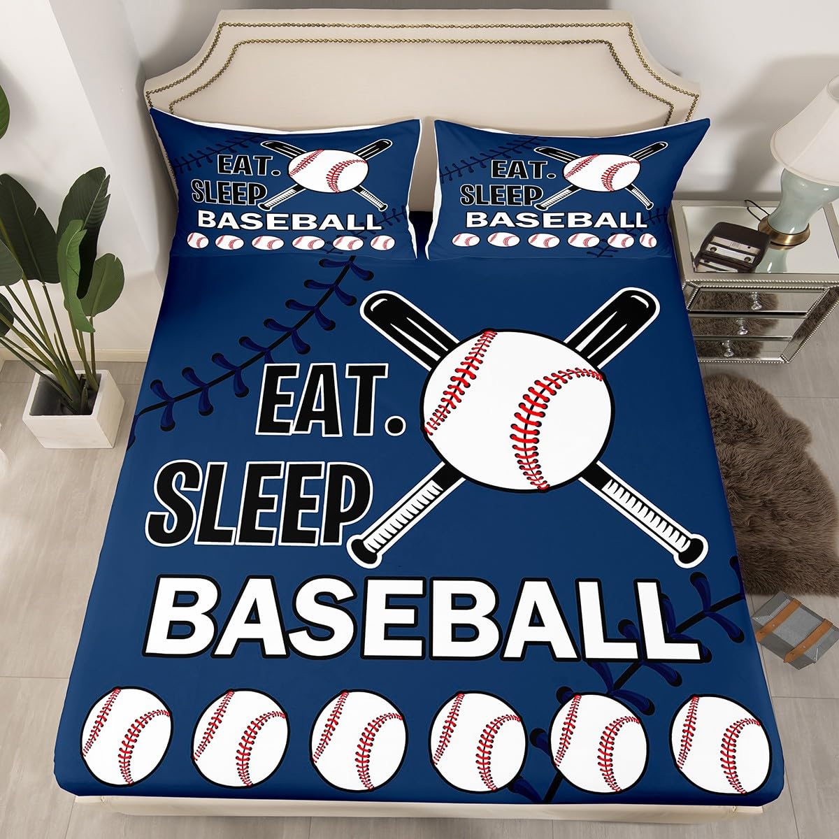 Feelyou Kids Baseball Printed Bed Sheets Full Size Green Eat Sleep Baseball Decorative Sheets Set for Boys Teens Sports Theme Bedding Set Ball Gamer Fitted Sheet Set Bedroom All Season 2 Pillowcases