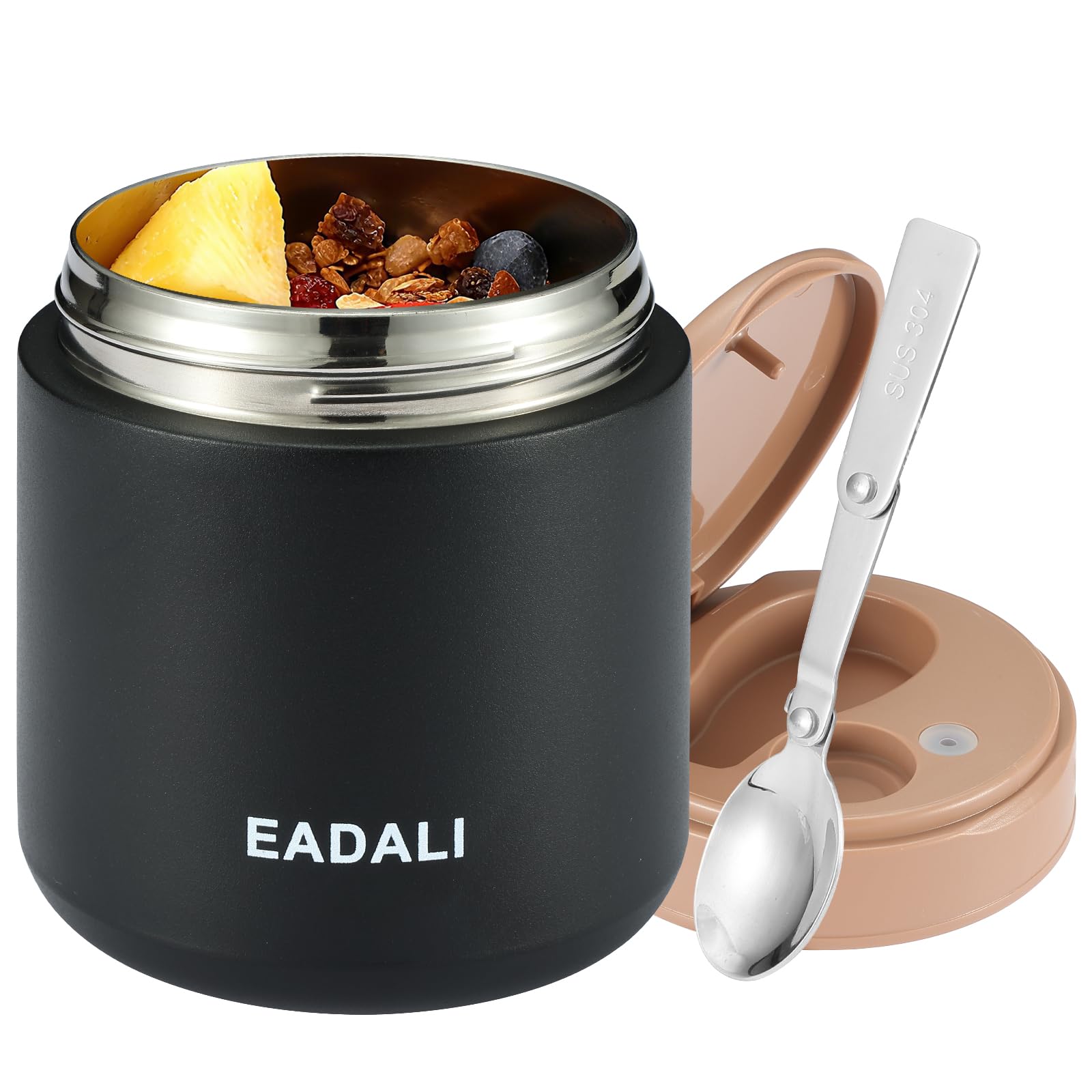 Eadali 15.2oz Kids Food Jar for Hot Food – Vacuum Insulated Lunch Container with 316 Stainless Steel Interior, Leakproof Wide Mouth & Foldable Spoon for School Meals