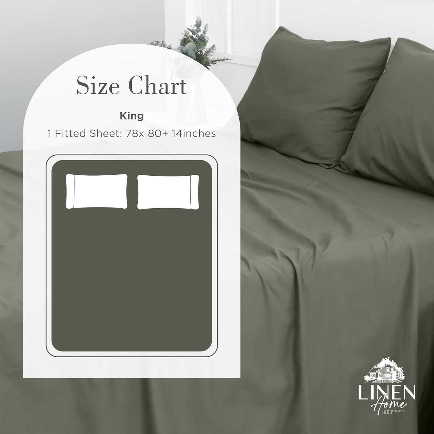 Linen Home Washed Cotton Percale Fitted Sheet King Size, Charcoal, 1 Deep Pocket Fitted Sheet, Soft and Cool Strong Bed Linen, 78"X80"+14"