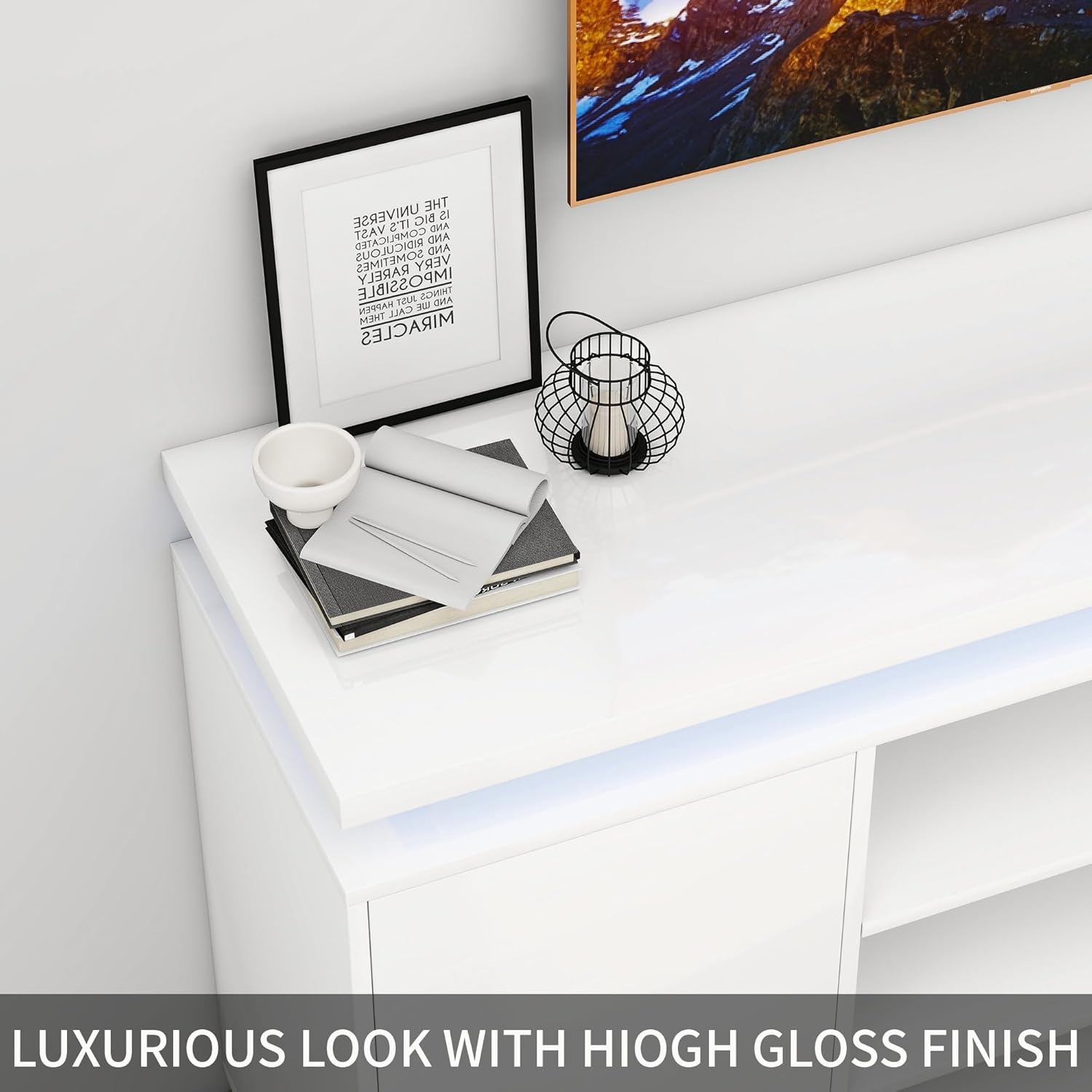 High Gloss TV Stand Modern Entertainment Center with Storage 2 Doors for TVs up to 60 Inch, Media Console Table with LED Lights & Power Outlet for Living Room Bedroom,White - Image 5