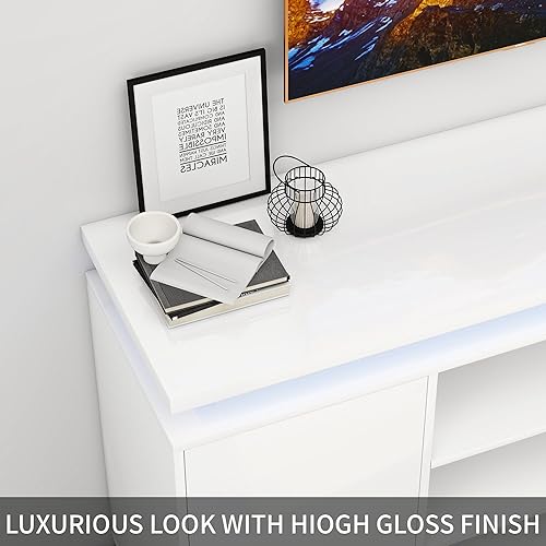 Miniatura 5 de Soporte de TV de alto brillo, centro de entretenimiento moderno con almacenamiento de 2 puertas para televisores de hasta 60 pulgadas, mesa consola