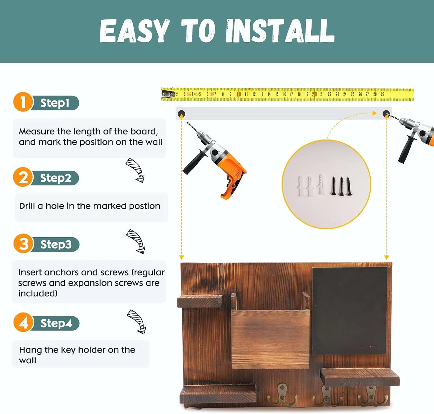 Key Holder for Wall Mail Organizer Rustic Wall Mount and Key Shelf with 3 Sturdy Metal Hooks, 3 Display Boards and 1 Blackboard for Entryway, Living Room, Book Room, Farmhouse Decor and Office