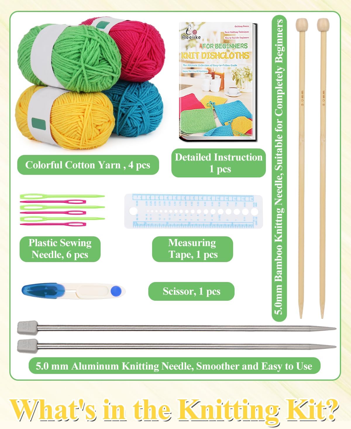 Aeelike Knitting Kit for Beginners, Complete Beginner Knitting Kit Easy Knitting Set Including Knitting Needles Set Cotton Yarn, Learn to Knit Dishcloth with Step-by-Step Instructions, Colorful