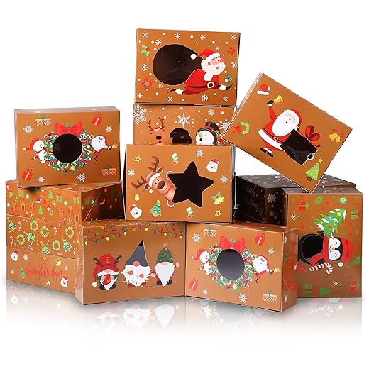 Cholemy 50 Pack Christmas Treat Gift Boxes Holiday Xmas Cookie Box Loaf Pastry Box with Clear Transparent Window with Lids Xmas Party Favor Supplies (Kraft Color, 8.5 x 4.5 x 4 Inches)