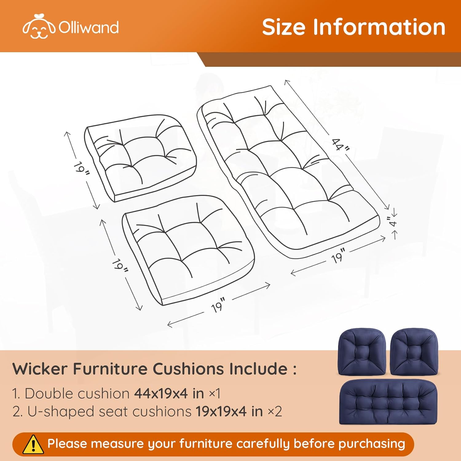 Wicker Furniture Cushions Set of 3. Anti-Slip/Waterproof Patio Furniture Chair Cushions. Tufted Outdoor Furniture Cushions 4 Inch Extra Thick. (Navy Blue, 44x19)