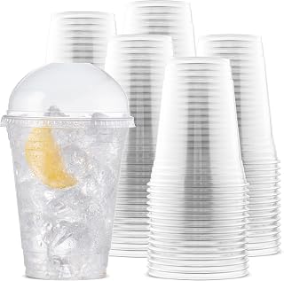 Durameg [100 Count - 16 oz. Crystal Clear PET Plastic Disposable Cups with [Dome Lids]