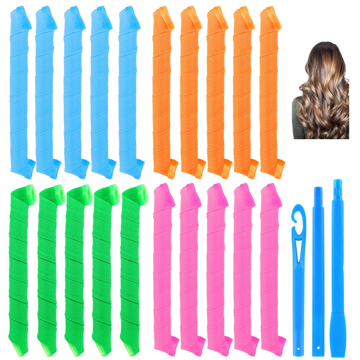Heatless Hair Curler Hair Wave Formers Spiral Curls Styling Hair Roller Kit 20 Pieces Heatless Hair Rollers and 1 Styling Hook for Long or Short Hair (20 pieces, 21"/55cm)