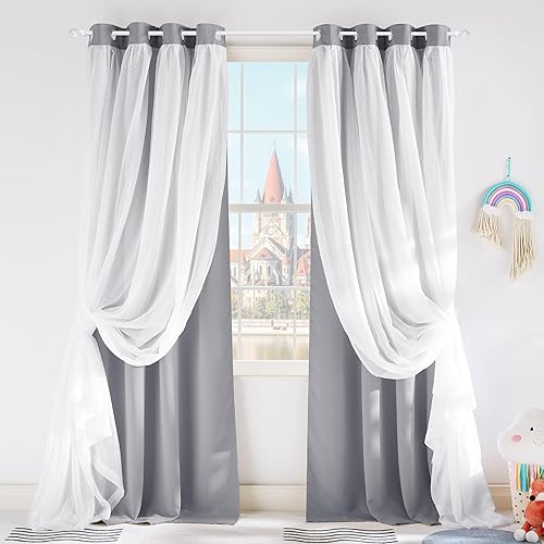 PONY DANCE Living Room Blackout Curtains - White Sheer Curtains with Light Block Drapes Window Elegant Decor, 52" Wide per Piece, 95 inches Long, Silver Grey, 2 PCs