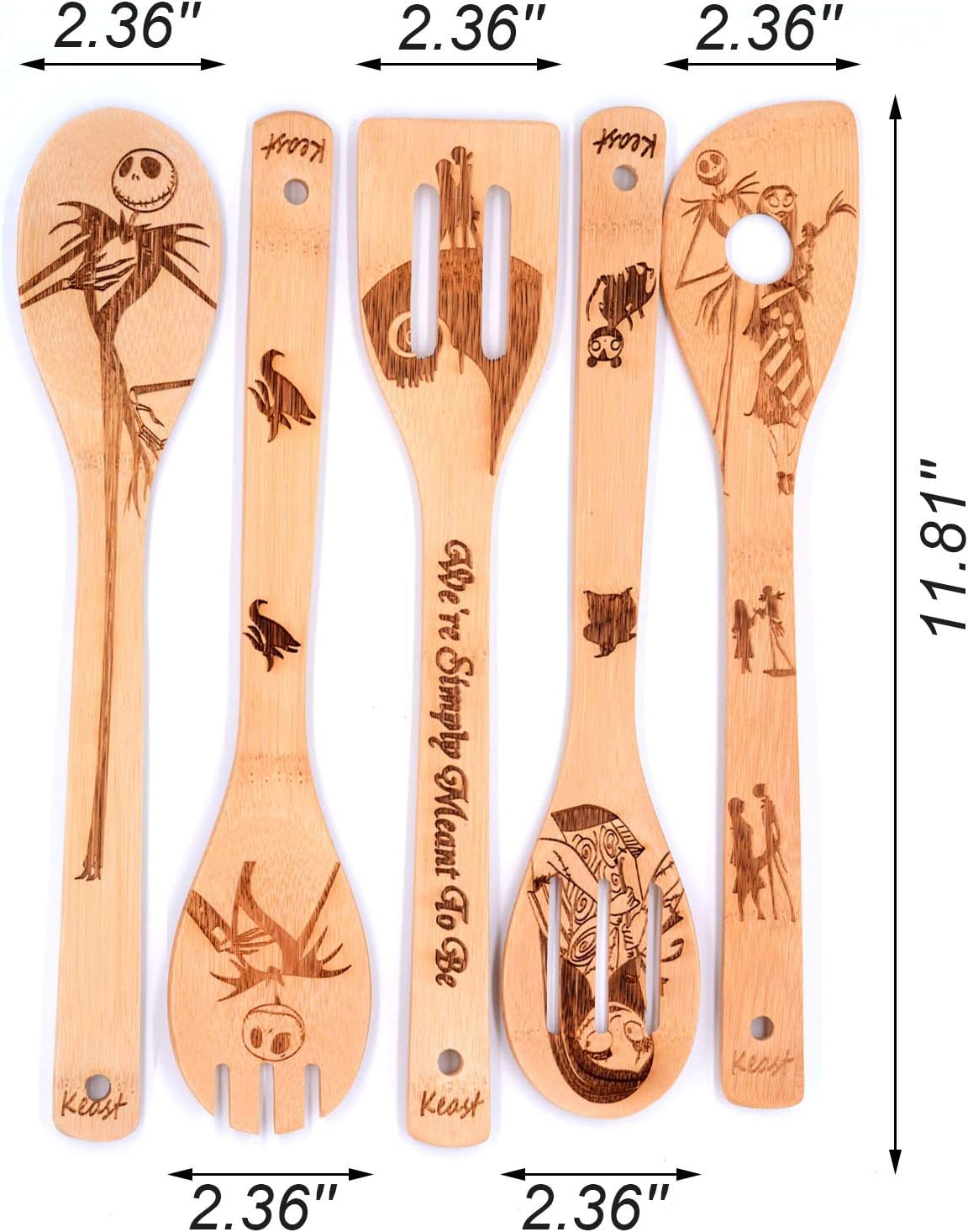 Keast 5Pcs Bamboo Spatula Spoon Set, The Nightmare and Christmas Nonstick Spatulas and Spoons Kitchen Christmas Decoration, Wood Kitchen Utensil Set Valentine's Day Gift Christmas Gift
