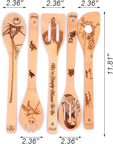 Miniatura 3 de Keast Juego de 5 cucharas de espátula de bambú, espátulas y cucharas antiadherentes de Pesadilla y Navidad, decoración de Navidad, juego