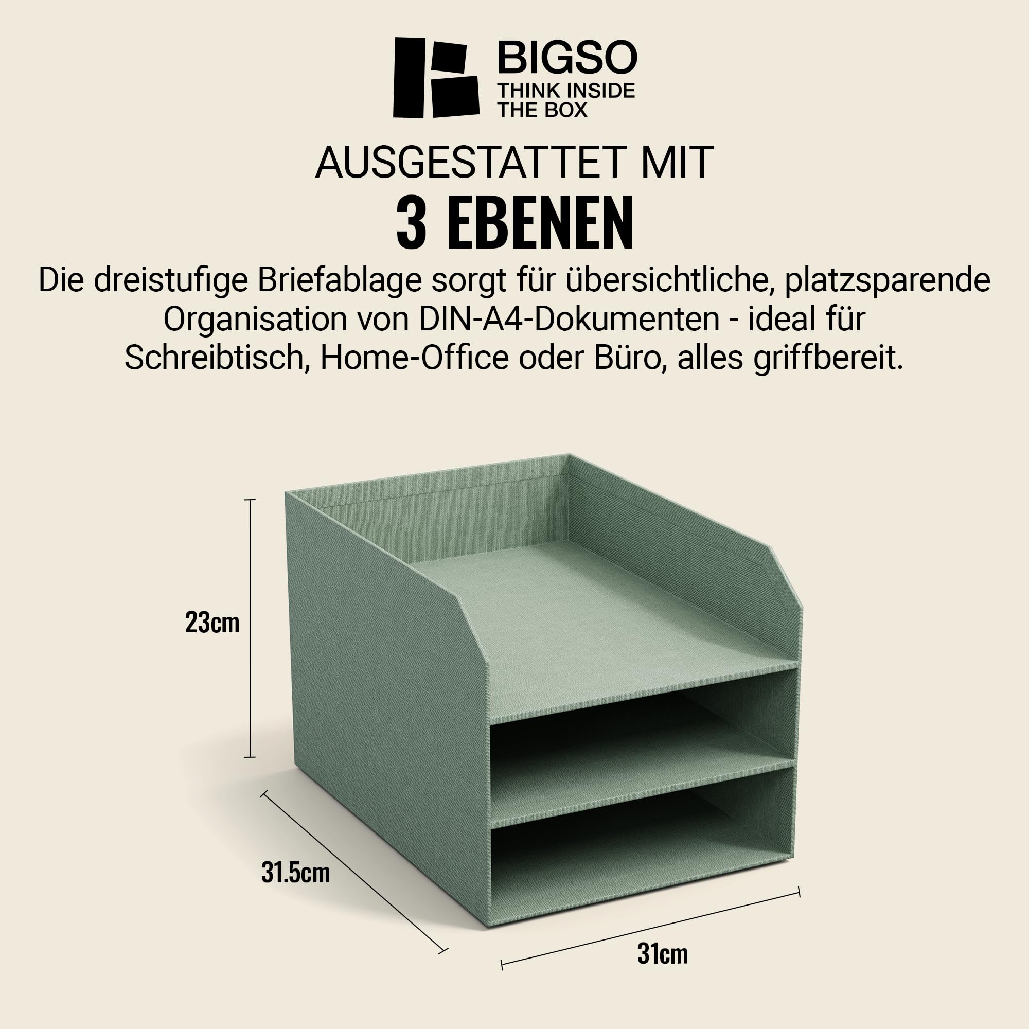 BIGSO Trey 3-stufige Briefablage – praktische Ablagefläche für Briefe, Dokumente in DIN A4-Format – Ordnungssystem aus Faserplatte mit Papier in Leinenoptik – mintgrün