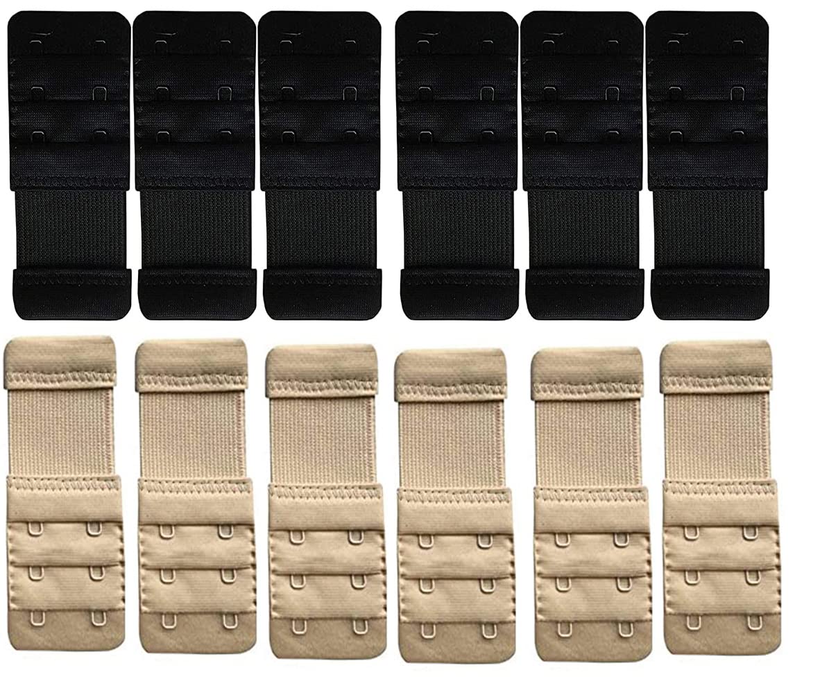 Save Your Bra Increase Band Length-Bra Extensions Bra Hook Extender-2 Hook - 3 Rows (with Extra Elastic) (Combo Black Beige Pack of 12)