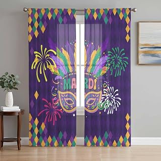Ueplerts Purple Carnival Sheer Curtains 63 Inch Length 2 Panels for Living Room, Modern Geometric Feathers Ethnic Voile Kitchen Curtain Set, Luxury Privacy Drapes Window Treatment for Bedroom