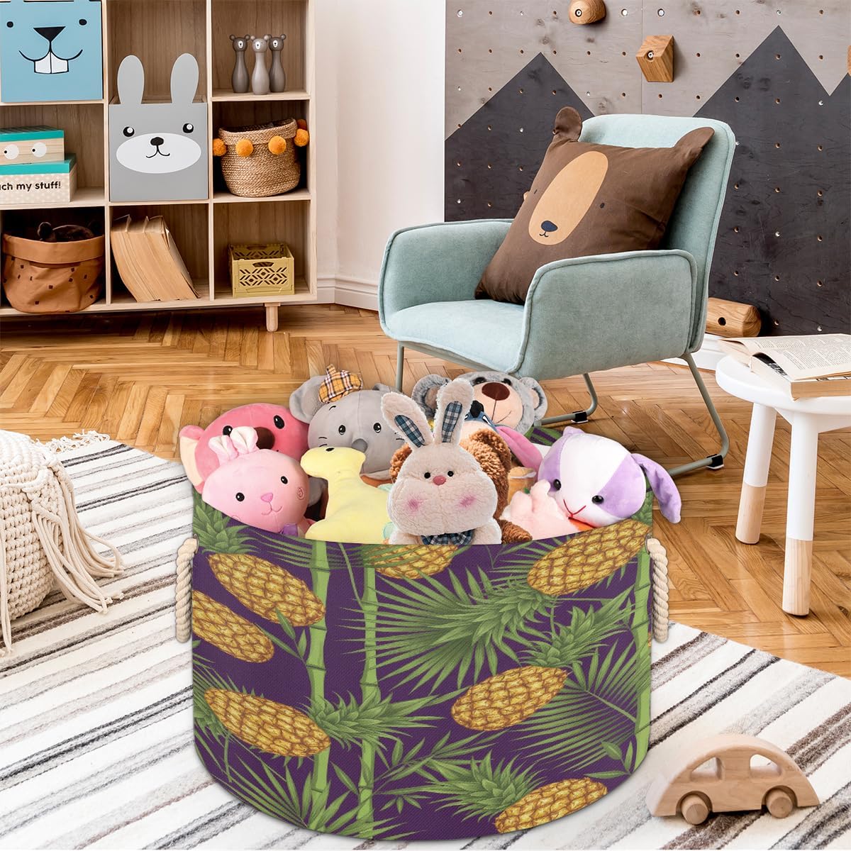 Large Storage Baskets - Pineapple Bamboo Nursery Round Collapsible Organizer Bin Box, Laundry Hamper for Kids Toys, Blanket, Bedroom Living Room Home Decor, Gift Basket, 19.4"x13.3"